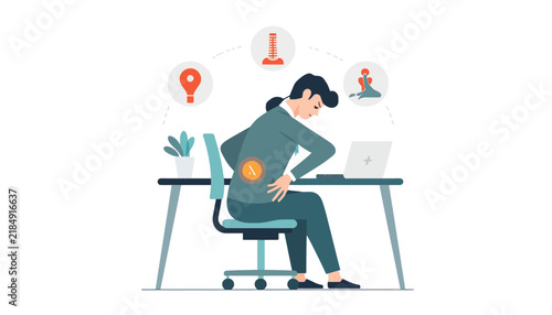 Businesswoman touching her painful lower back while sitting at a computer desk.