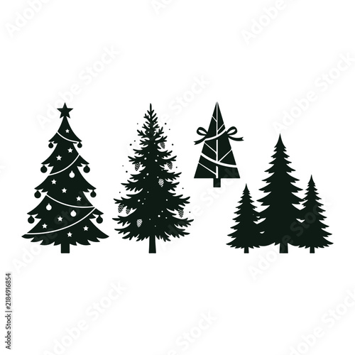 Set of green Christmas tree silhouettes including decorated fir with stars natural pine with cones and minimalist geometric style isolated on white