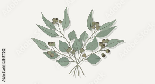 Watercolor eucalyptus branch bouquet illustration with green leaves and seed pods on light background