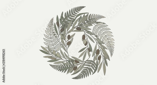 Elegantly designed botanical wreath featuring olive branches and fern leaves arranged in a circular pattern on a light background