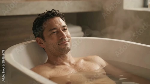 Mature Man Relaxing in Hot Steamy Bathtub, Peaceful Self-Care Routine in Modern Bathroom with Warm Lighting and Serene Atmosphere