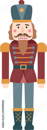 Traditional Christmas nutcracker soldier wearing uniform with red jacket, blue pants, boots and matching cap with star