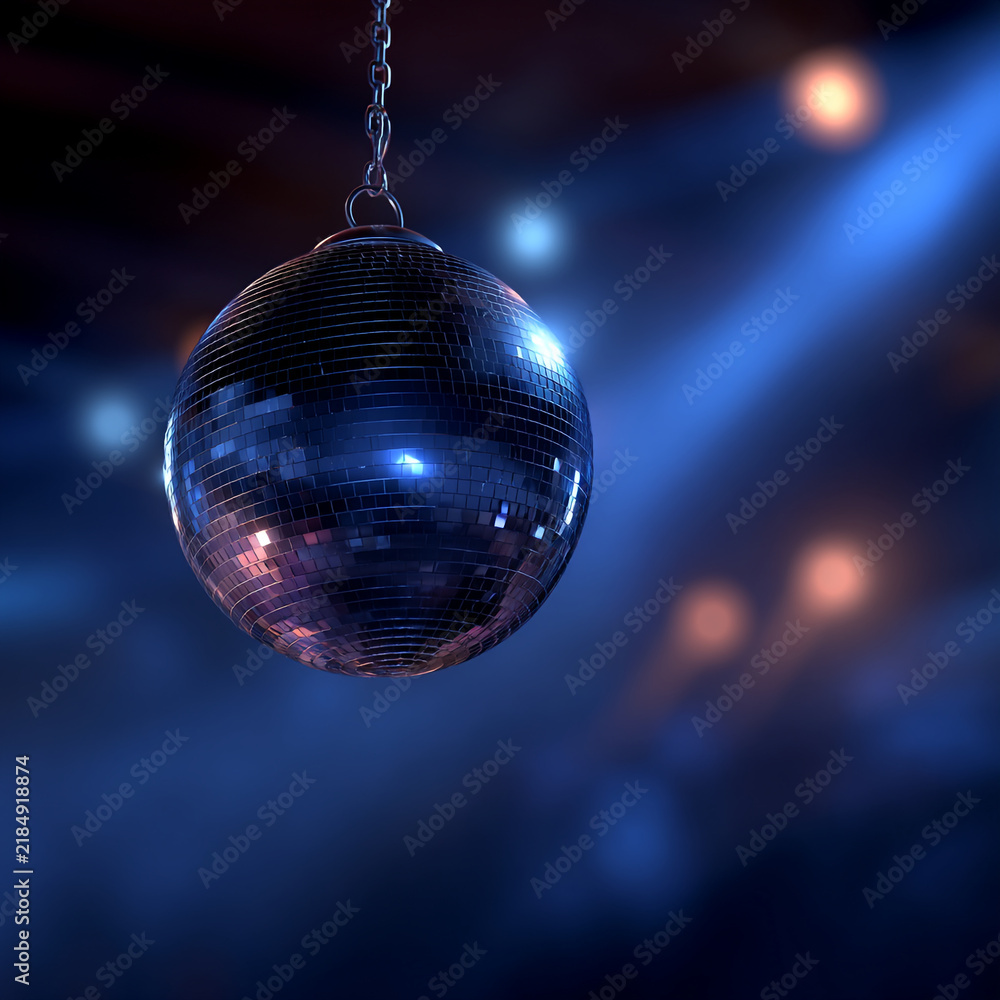 Obraz premium Disco ball hanging in a dimly lit club with blue ambient stage lighting mirror ball nightclub