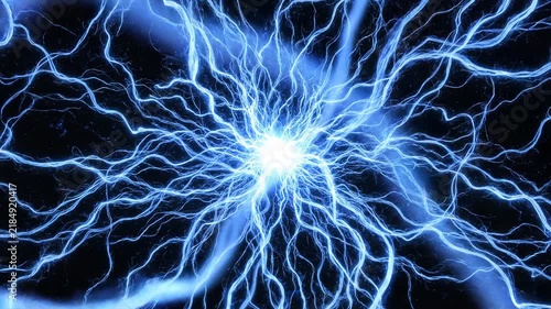 Electric blue lightning bolts radiate outward from a bright central point against a dark background, creating a dynamic and energetic visual effect.