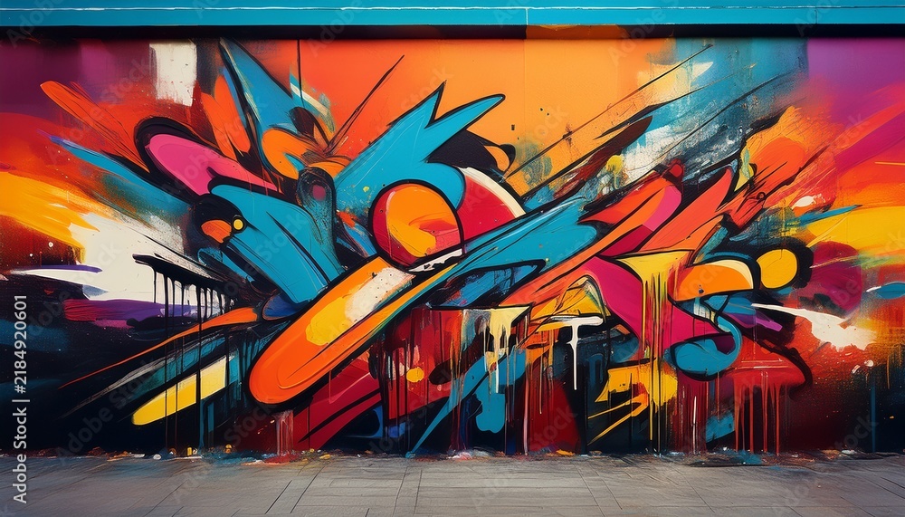 Obraz premium vibrant graffiti artwork with abstract shapes and bold colors on urban wall horizontal banner
