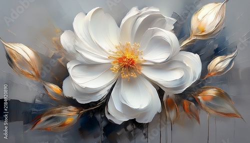 white flower oil painting with heavy 3d paint texture on abstract gray background generative ai