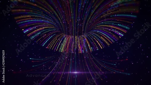 Dynamic motion video featuring 3D curved particle light trails forming a wormhole tunnel with text reveal reading Cyber Network Advanced Artificial Intelligence Solutions.