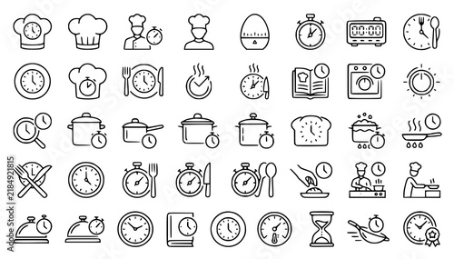 Cooking Time and Kitchen Timer Vector Line Icon Set