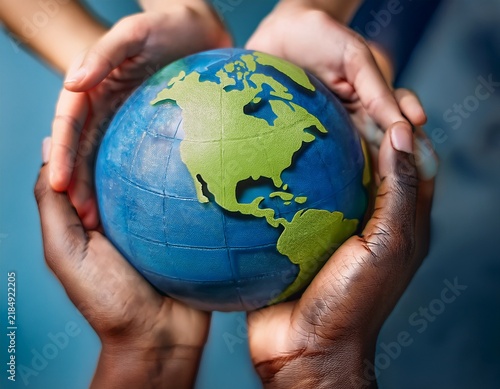 global unity with diverse hands holding green blue earth globe representing multicultural support and worldwide connection