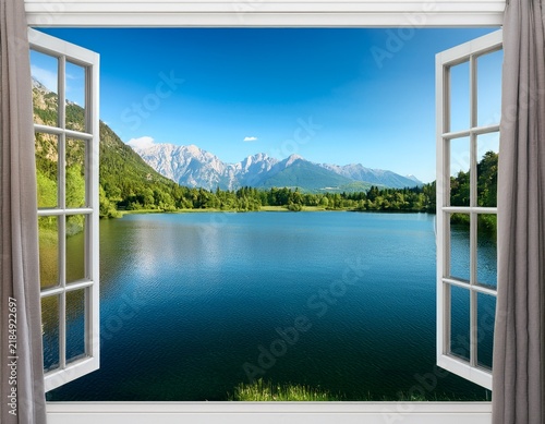 lake and mountains view from open window