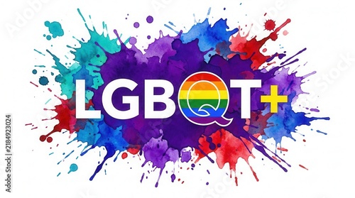 Vibrant watercolor splashes in purple, red, blue and teal background with LGBQT+ letters and rainbow flag.