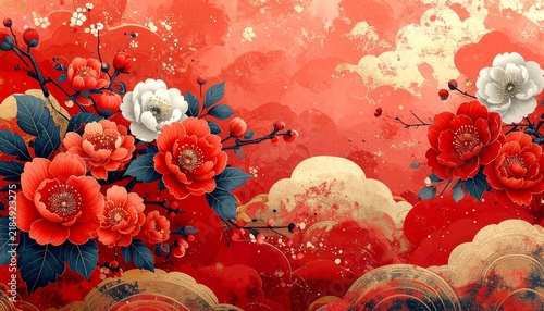 Plakat w ramie 赤と金の和風背景に紅白の花をあしらった豪華な装飾デザイン