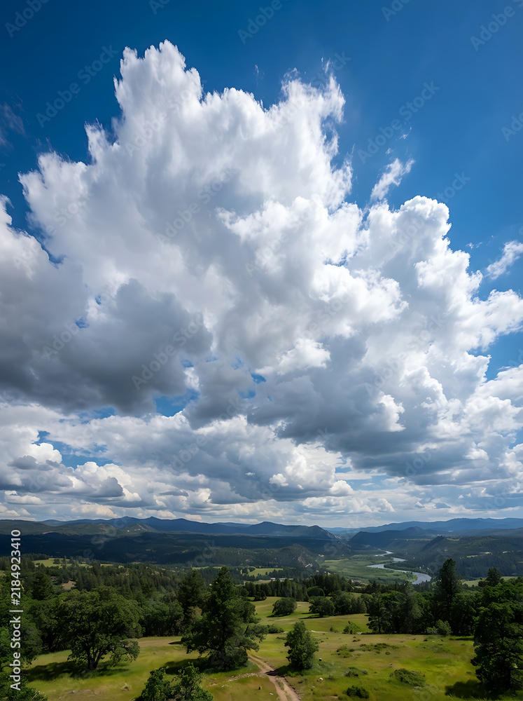 Obraz premium Fluffy white cumulus clouds over a green valley landscape on a bright sunny summer day