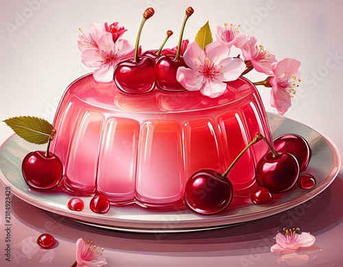 digital art drawing of dessert jello with edible cherry fruits and flowers