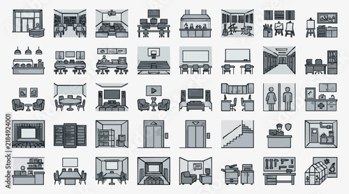 Comprehensive Collection of Office and Home Interior Layout Icons for Design Projects