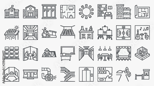 Comprehensive Icon Set of Buildings Interiors and Community Spaces for Design Projects