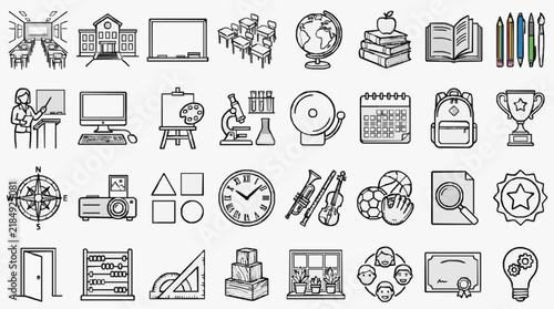 Educational Icons Set Featuring School Supplies Subjects and Academic Symbols
