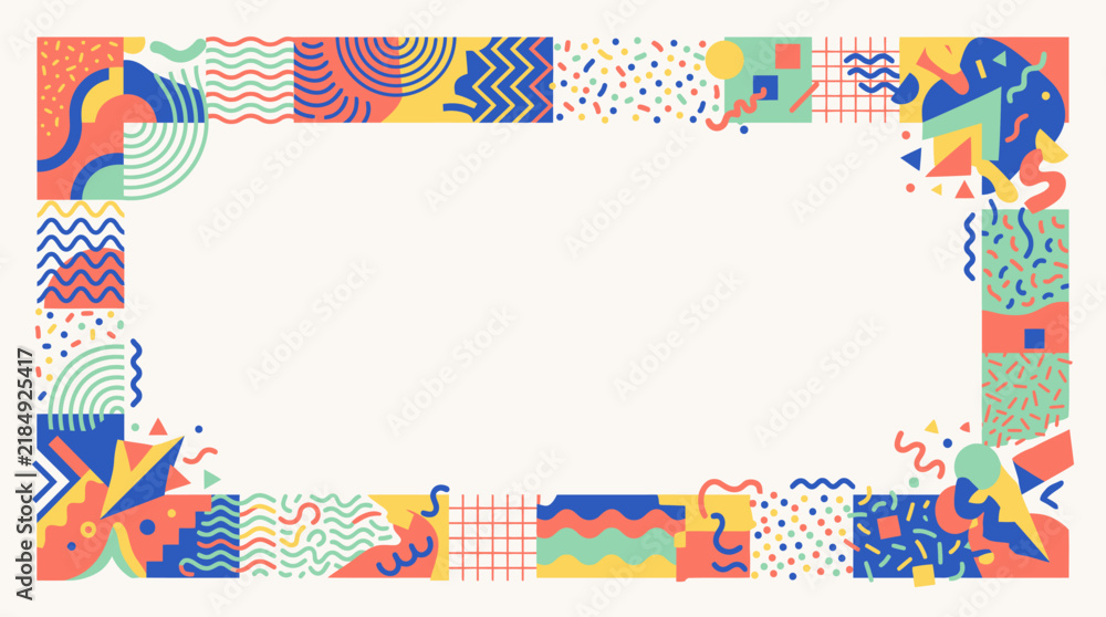 Obraz premium Colorful abstract geometric frame with Memphis style patterns and shapes.
