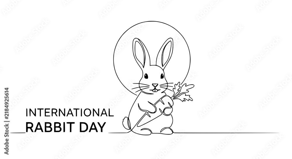 Fototapeta premium International Rabbit Day Celebration - Cute Rabbit Holding Carrot, Line Art