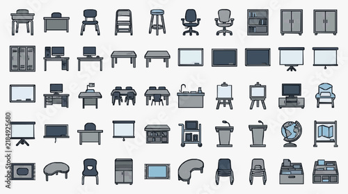 Comprehensive Set of Office and Classroom Furniture Icons for Design Projects