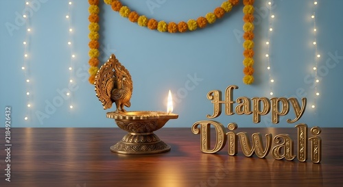 Traditional brass peacock diya with Happy Diwali text and marigold garland