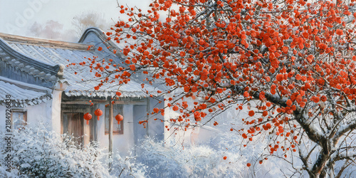The Temple That Rests In Winter Quiet As Red Lanterns Glow Beneath Snow And Bright Fruit Branches. ai generated.