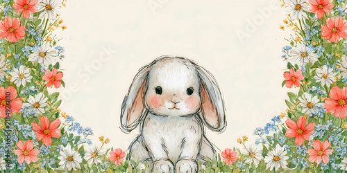 The Rabbit That Sits In Gentle Bloom As Soft White Fur Rests Among Flowers Of Quiet Spring, ai generated.