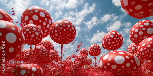 The Mushrooms That Rise In Surreal Red As Spotted Caps Tower Over A Dreamlike Forest Of Color, ai generated.