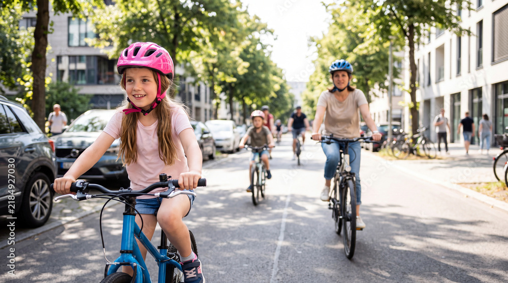 Obraz premium Young girl in pink helmet rides bicycle on city street with family, urban buildings and parked cars visible in the background