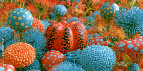 The Garden That Glows In Surreal Color As Dotted Gourds Twist With Spiked Orbs In Organic Fantasy, ai generated.