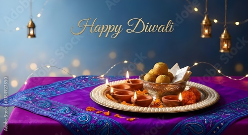 Happy Diwali celebration background with lit diyas and sweets