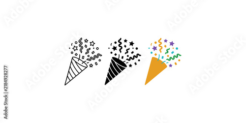 Konstfotografi Party popper confetti icons in three different styles black outline filled and colorful design element