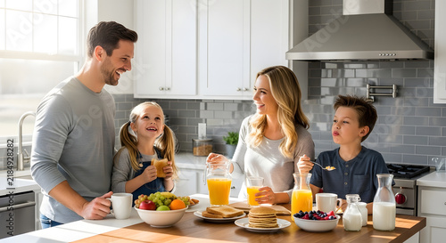 Happy young family with children enjoying healthy breakfast together at modern kitchen island morning.