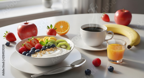 Healthy breakfast bowl with yogurt fruit and granola coffee and orange juice on table.