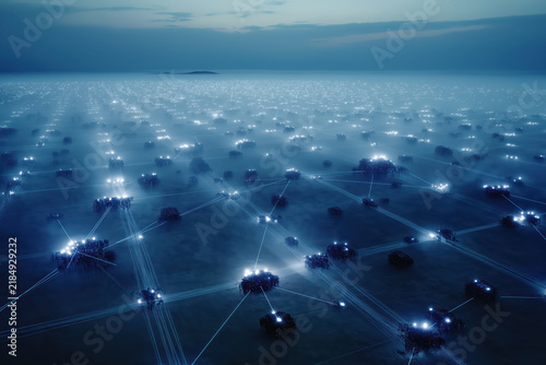 Glowing Blue Digital Network Node Mesh Spreading Across Foggy Landscape Background Concept Illustration