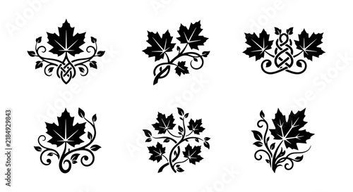 Elegant Maple Leaf Flourishes, Decorative Vector Ornaments, Autumnal Botanical Accents