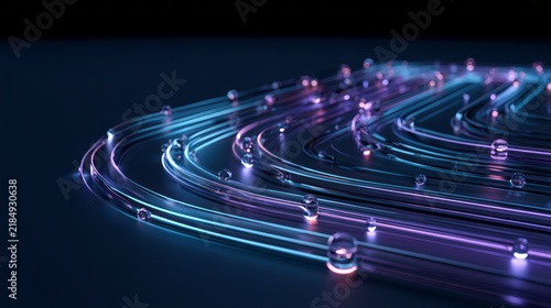 Glowing Glass Data Streams with Transparent Spheres on Curved Neon Technology Pathways. AI generative