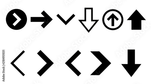 Black and white directional arrow icons set. Minimalist pointer signs collection. Navigation and interface symbols pack. Flat design web and mobile app elements.