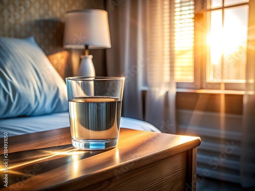 Glass of Water on a Wooden Bedside Table with Lamp and Morning Sunlight drink
