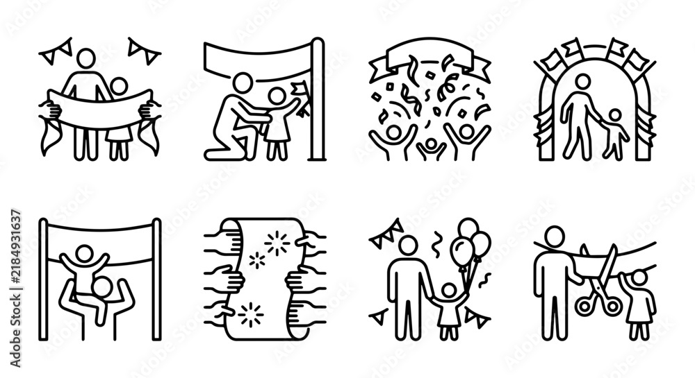 Fototapeta premium Celebration Icons: Family Fun, Achievement, Awards, and Party Moments Vector Set