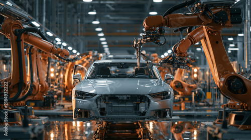 Sleek modern automated car manufacturing facility with advanced robotic arms assembling silver sedan in bright industrial factory, high technology, efficiency, innovation
