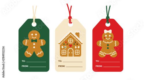 Christmas gift tags with gingerbread man house and girl figures for holiday decoration