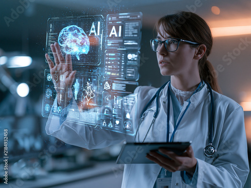Female doctor stethoscope digital screen artificial intelligence brain scan futuristic medical technology innovation healthcare hospital