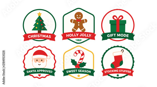 Christmas themed badge icons with holiday symbols and slogans
