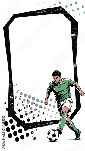 Soccer player dribbling ball with dynamic grunge frame
