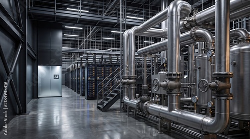 Industrial processing equipment with stainless steel pipes and machinery