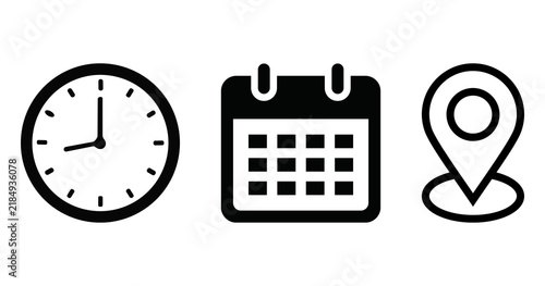 Clock, calendar and location pin vector icon collection for time, date and address concepts, appointment scheduling, meeting deadlines, business planning, productivity and organization png