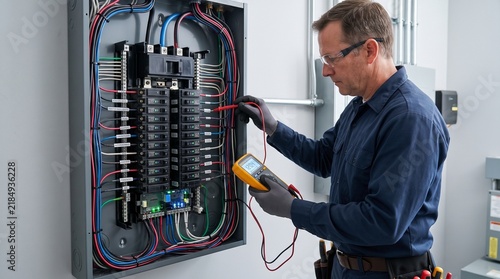 Obraz na płótnie Electrician testing electrical breaker panel wiring with multimeter
