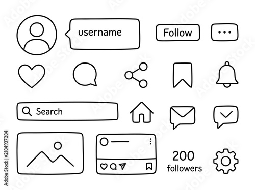 Hand-drawn social media user interface elements including profile icons, buttons, search bars, and post templates for web and mobile design