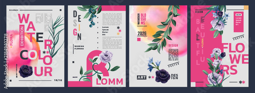 Watercolor flower poster. Typographic plant design. Fashion wear. Graphic cover, botanical blossom. Nature calligraphy label. 3d isolated floral elements, brochure design set. Print exact blooms